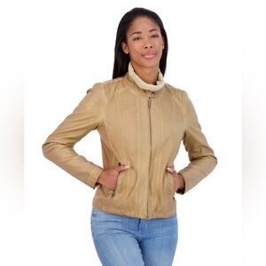 SEBBY COLLECTION Faux Leather Racing Jacket- Toffee